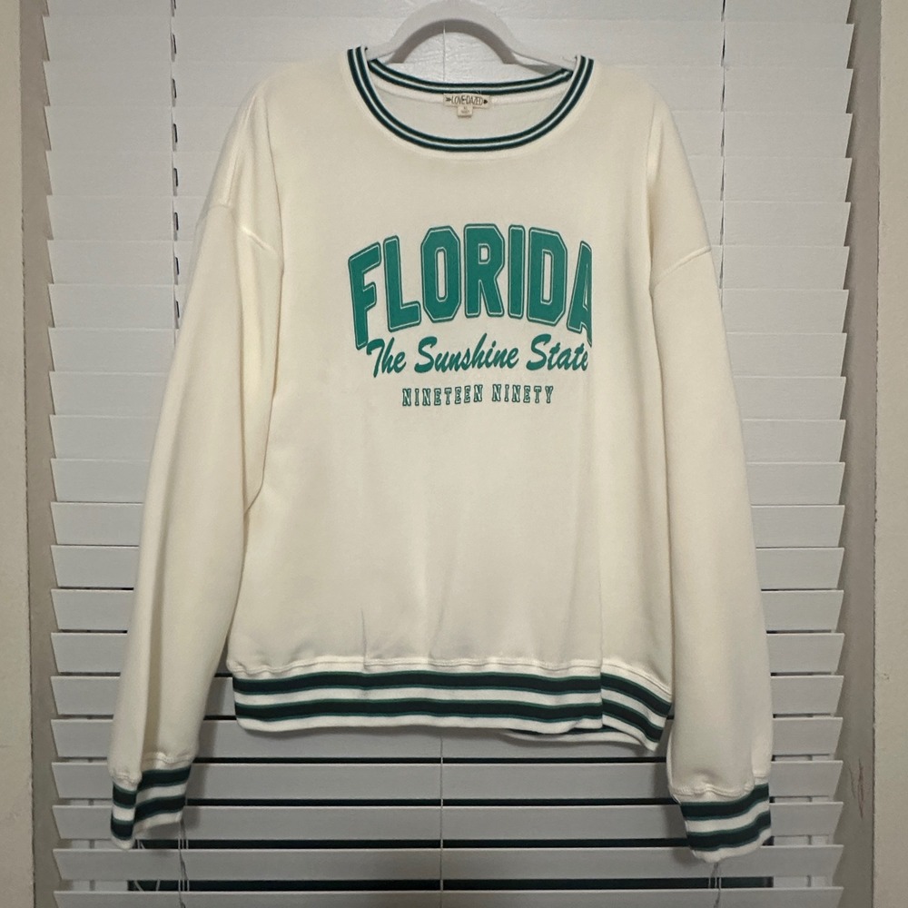 Love Dazed Florida Sunshine State Sweatshirt XL Cream Green Striped Pullover
